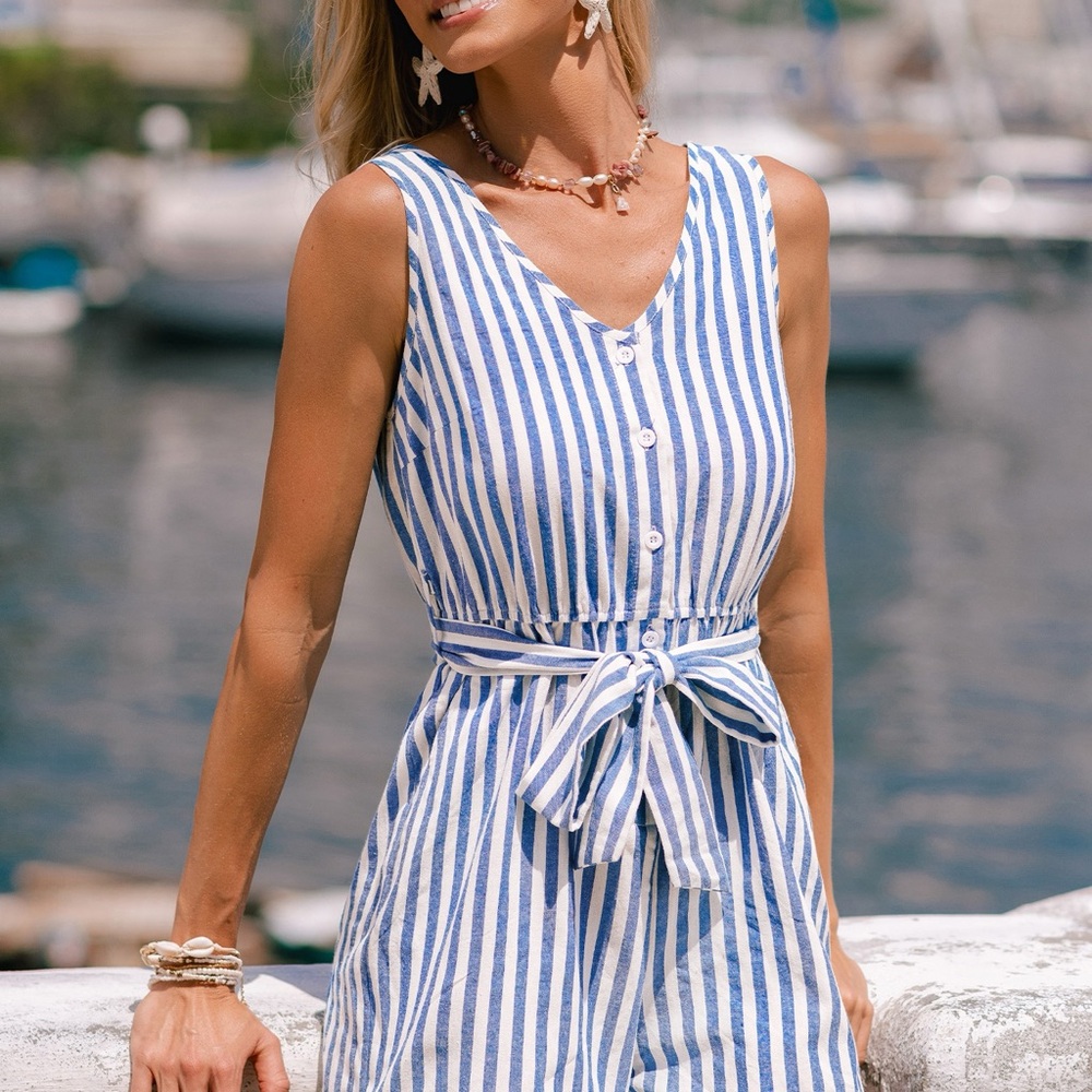 Blue and White Striped Romper